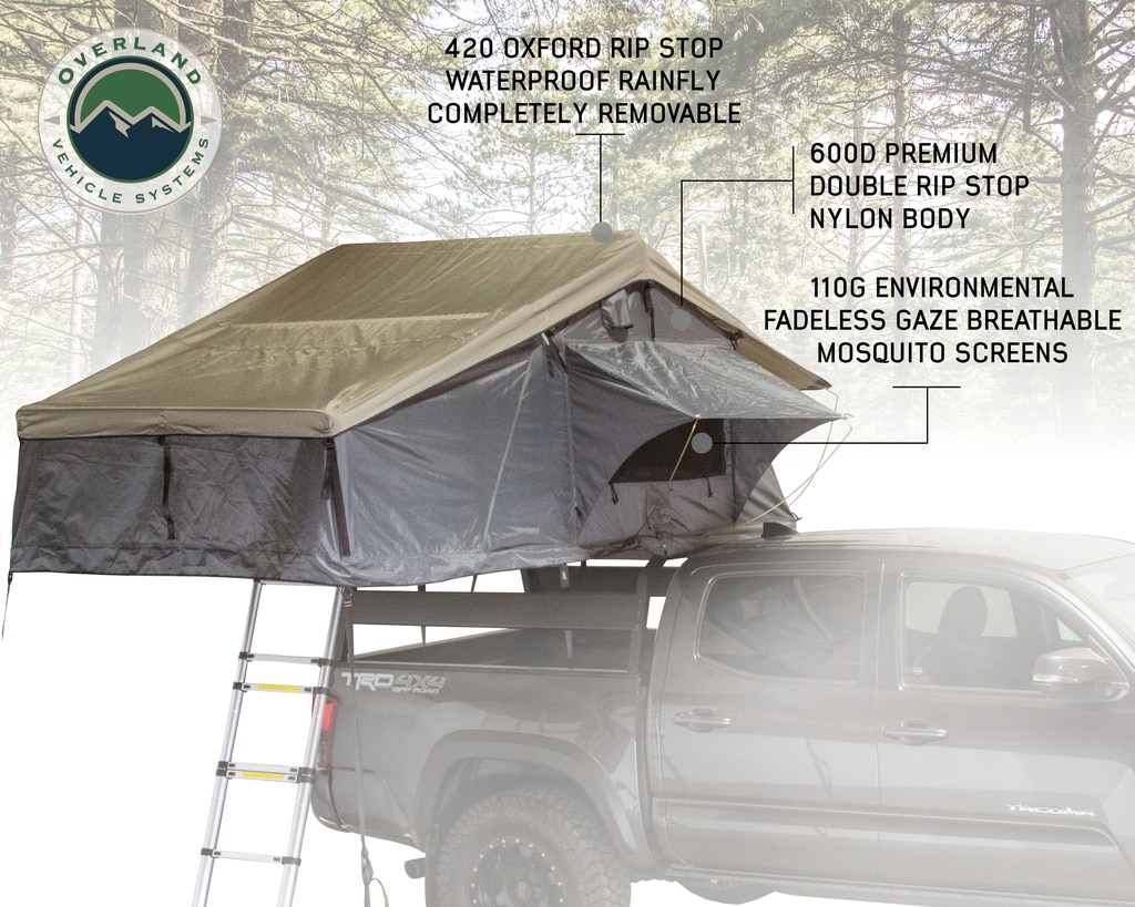 Overland Vehicle Systems Roof Top Tent 2 Person Extended Roof Top Tent Dark Gray Base With Green Rain Fly With Bonus Pack Nomadic - Click Image to Close