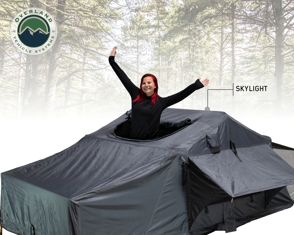 Overland Vehicle Systems Roof Top Tent 3 Person Extended Roof Top Tent Dark Gray Base With Green Rain Fly With Bonus Pack Nomadic