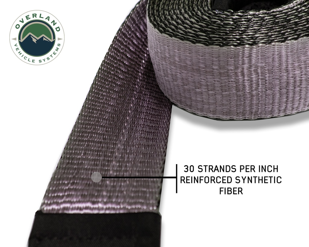Overland Vehicle Systems Tow Strap 20,000 lb 2 Inch x 30 Foot Gray With Black Ends & Storage Bag
