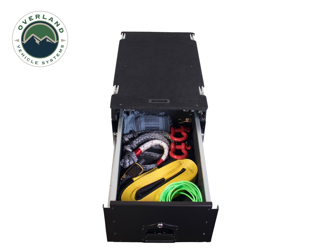 Overland Vehicle Systems Cargo Box With Slide Out Drawer & Working Station Size Black Powder Coat Universal - Click Image to Close