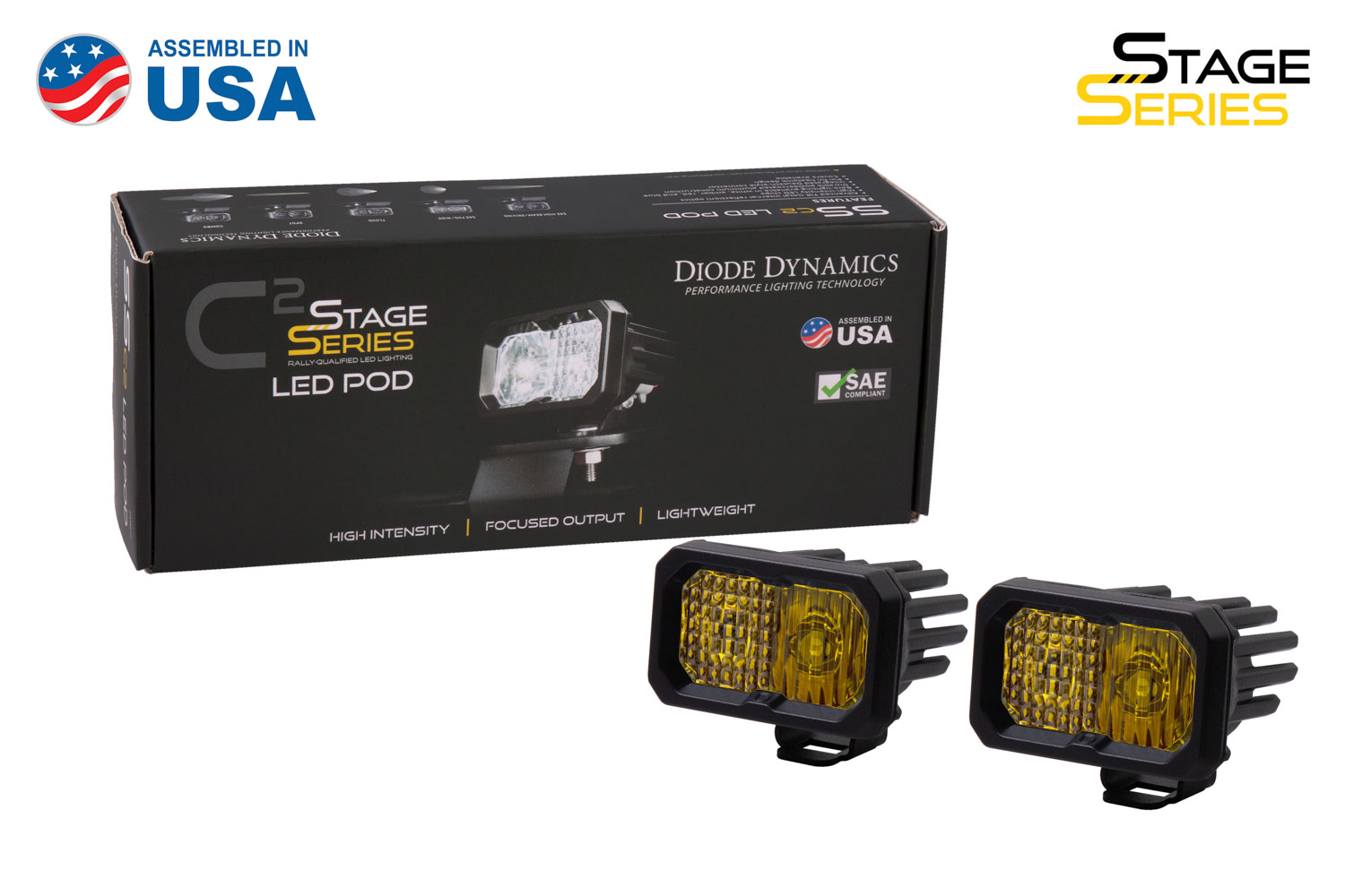 Diode Dynamics Stage Series 2 Inch LED Pod, Sport Yellow Flood Standard ABL Pair