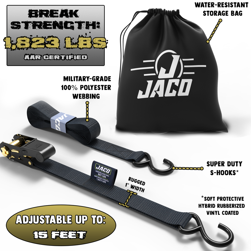 JACO Tie Down Ratchet Straps (Medium Duty) 1 in x 15 ft - Ships Free!